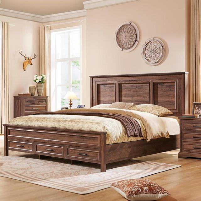 ACCOHOHO Farmhouse King Size Bed Frame with 52" Tall Full Panel Headboard, Wood Platform Bedframe with Footboard and Storage Drawers, No Squeak, No Box Spring Needed, Antique Brown