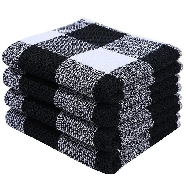 Homaxy 100% Cotton Waffle Weave Check Plaid Kitchen Towels, 13 x 28 Inches, Super Soft and Absorbent Dish Towels for Drying Dishes, 4-Pack, White & Black