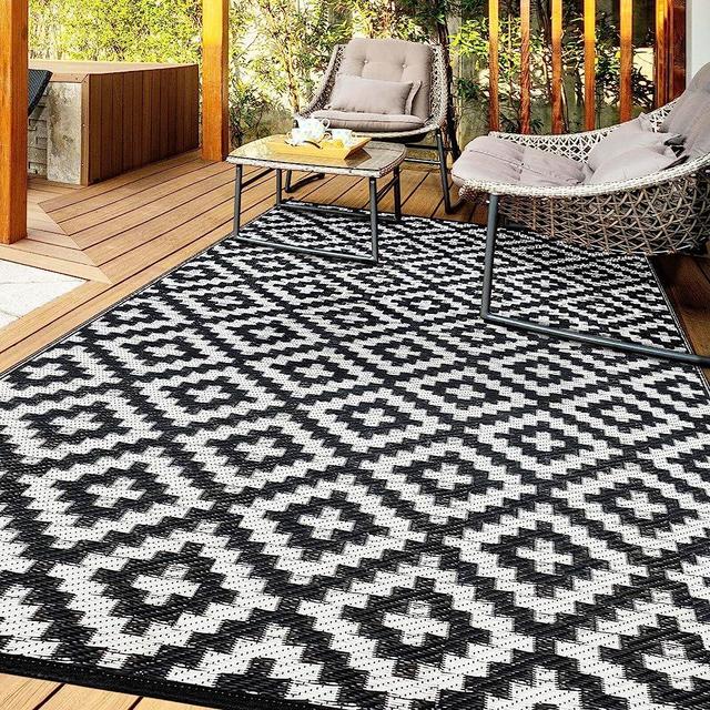Outdoor Patio Rug Waterproof Camping - 5x8 ft Black Outdoor Rugs Outdoor Carpet, Plastic Straw Area Rug for Patios Clearance, Outdoor Rugs for Camping, Porch, Deck, Rv, Camper, Balcony, Backyard