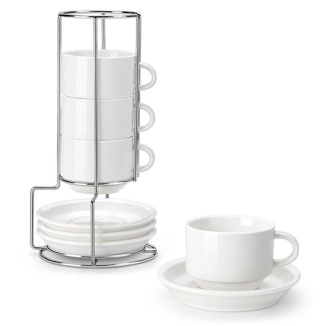 MALACASA 8 OZ Porcelain Espresso Cups with Saucers and Metal Stand Set of 4, Stackable Cappuccino Cups, White Expresso Shots Cup Set for Coffee Drinks, Latte, Tea