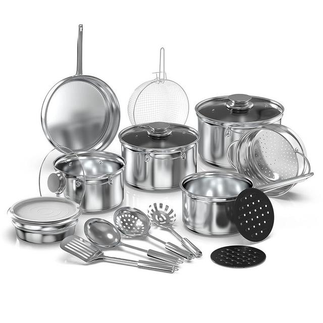 YSSOA 18-Piece Stainless Steel Kitchen Cookware Set, Saucepan, Casseroles with Tempered Glass Lid, Frypan, Steamer, Salad Bowl with Cover, Fryer Basket, Heat Resistant Mat & Utensils Set, Silver