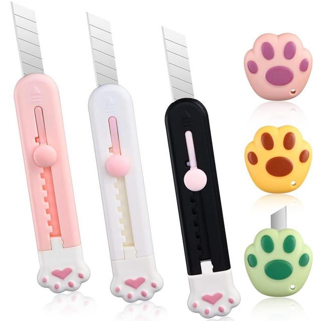 6 Pcs Cute Box Cutter Paw Box Cutter Kawaii Cat Retractable Letter Opener Adorable Tiny Paper Cutter Mini Art Utility Knives Portable Carton Cardboard Cutter with Hole Smooth Mechanism for Office Home