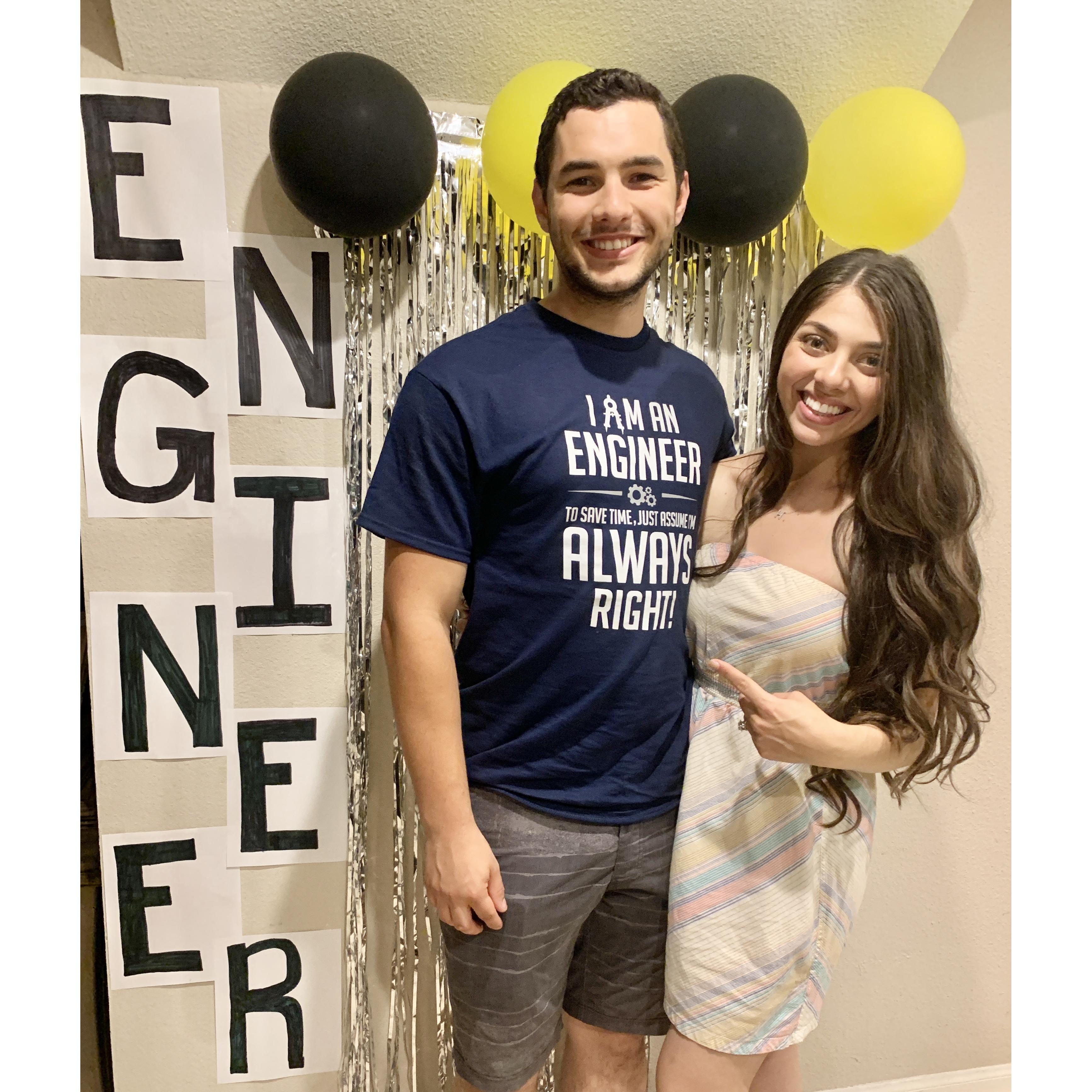 Celebrating Hunter's engineer job offer! Read his shirt!