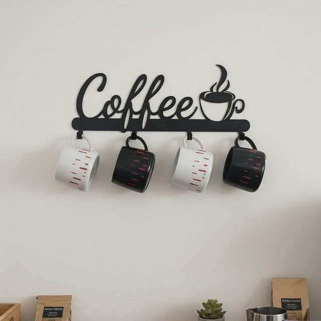 Aimto Black Metal Wall Mounted Coffee Mug Holder,with 4 Hooks and Metal Sign Modern Coffee Sign for Kitchen, Bar Station Accessories Decor