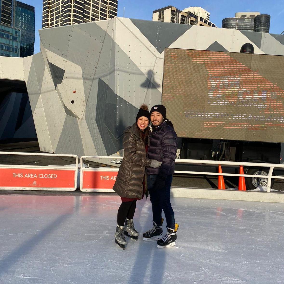 Kevin teaching Shuang how to ice skating, but Shuang still suck at it.