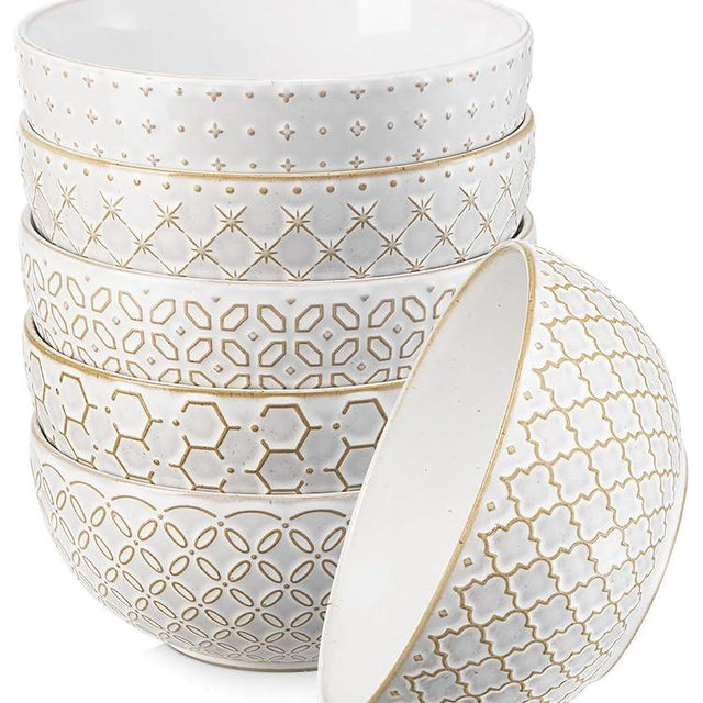 DOWAN Soup Bowls Set of 6, 27 OZ Cereal Bowls for Kitchen, 6" Ceramic Embossment Bowls for Salad, Pho, Fruits, Rice, Large Bowls Decor & Housewarming Gift, Dishwasher & Microwave Safe