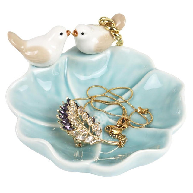 Fordonral Ceramic Jewelry Tray Trinket Dish Decorative Cute Bird & Lotus Leaf Ring Holder Dish Aesthetic Room Vanity Decor (Blue)