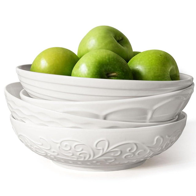 Artena Pasta Bowls 32oz, Ceramic Large Salad Bowls 8 inch, Soup Bowls Set of 4, White Serving Bowls & Ceramic Dinner Plates Set of 4, 10.75 inch Embossed White Kitchen Plates for Salad, Dessert