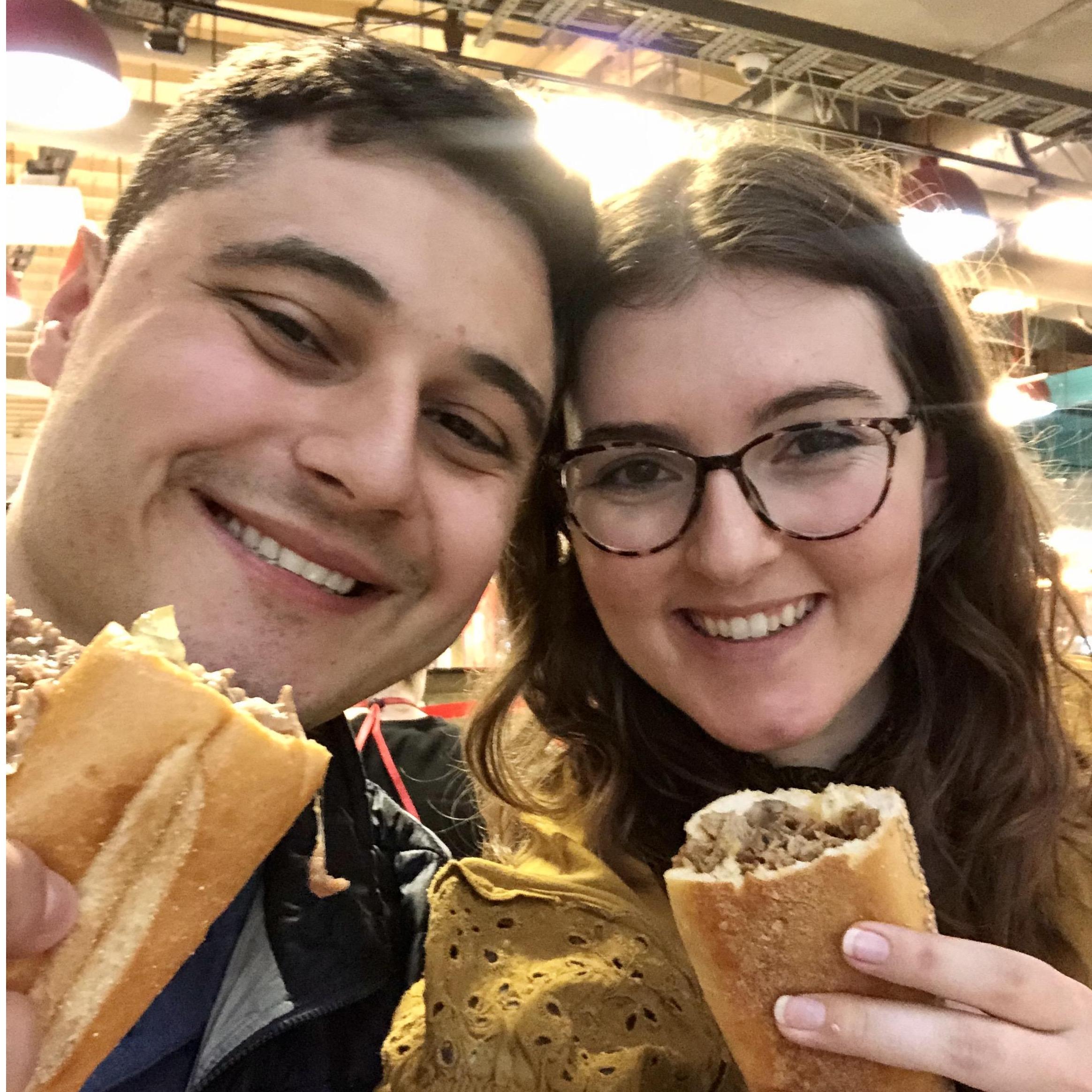 Enjoying some Philly Cheesesteaks in Reading Terminal where Barack Obama ate!