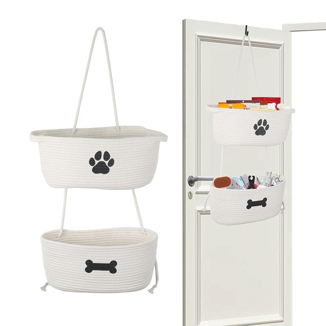 Brabtod 2-Tier Dog Baskets,Over Door Hanging Oganizer for Pet Stuff with Metal Hooks,Cotton Rope Wall-Mounted Storage Organizer for Dog Leash/Harness/Small Toys/Trash bag - Beige