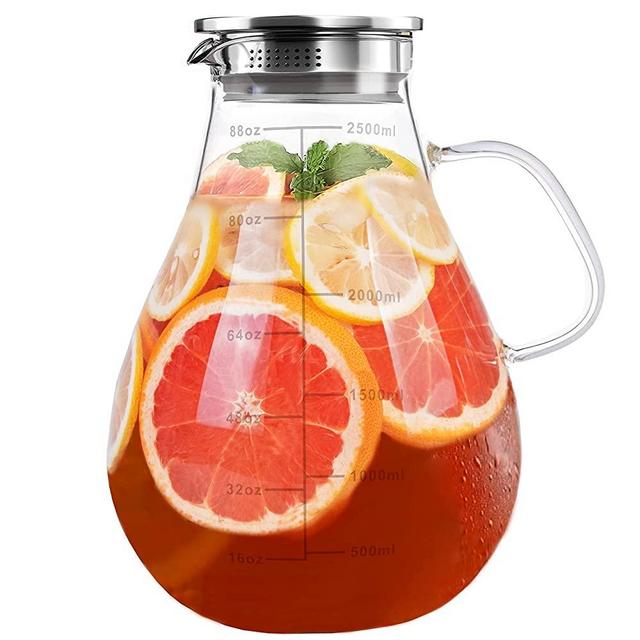 Glass Pitcher with Lid - Water Carafe 88oz - 2500ML Iced Tea, Juice, Milk, Coffee, Lemonade - Borosilicate Boiling Glassware - Hot & Cold Beverages