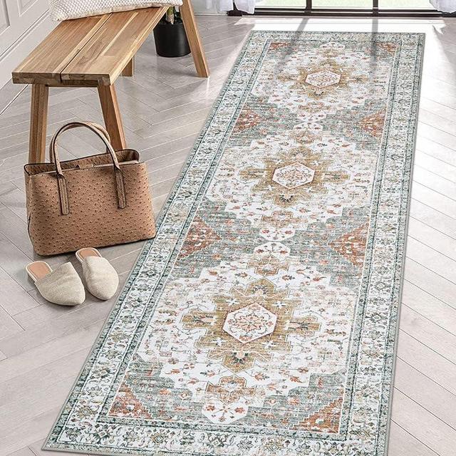 Moynesa Ultra-Thin Washable Runner Rug - 2'6" x 8' Hallway Runner Rug Washable Kitchen Rug Runner Bathroom Carpet Runner, Vintage Printed Low Pile Entryway Runners for Apartment Camper RV, Beige/Gold