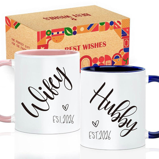 FNWSJ Hubby And Wifey Mug Set - Wedding Gift for Couples, Personalized Bride & Groom Coffee Mugs, Newlywed Gift (his and hers mugs set of 2) -63