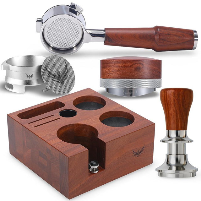 KNODOS Breville Espresso Accessories Kit 54mm Bottomless Portafilter, Auto-Level Tamper, Coffee Distributor, Dosing Funnel with Puck Screen & Wooden Tamping Station