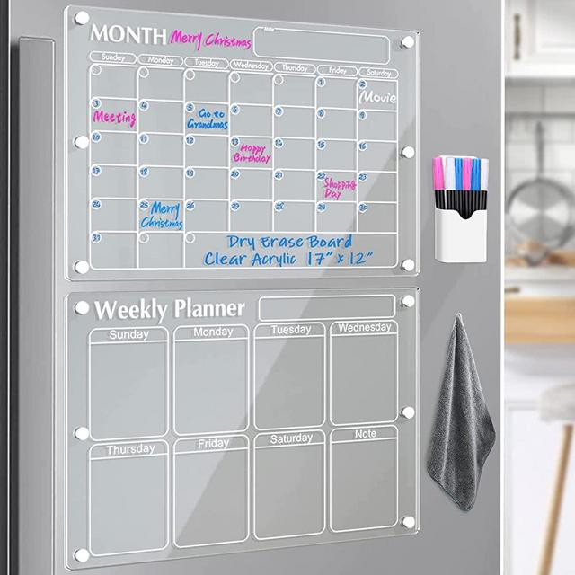 Vignee Acrylic Magnetic Monthly and Weekly Dry Erase Board Calendar for Fridge,17"x12"Clear Dry Erase Calendar for Fridge Reusable Planner,Includes 6 Dry Erase Markers with 3 Colors