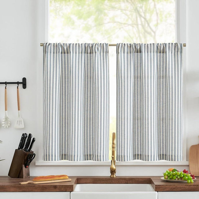 jinchan Striped Linen Kitchen Curtains 30 Inches Length Tier Curtains Farmhouse Modern Cafe Style Small Window Treatments Airy Light Filtering Rod Pocket for Living Room Bathroom 2 Panels Blue