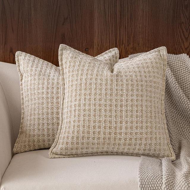 DWR 18x18 Decorative Throw Pillow Covers, Pack of 2 – Soft Woven Grid Texture with Cozy Chenille Feel, Beige & White Color Blend, Neutral Home Décor Accents for Couch, Bed or Chair