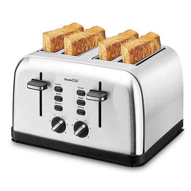 Toaster 4 Slice, Geek Chef Extra Wide Slot, Retro Stainless Steel Toaster with Dual panels, Bagel/Defrost/Cancel Function, Removal Crumb Tray, 6-Shade Settings, Auto Pop-Up