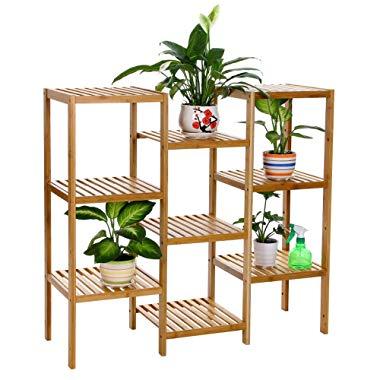 SONGMICS Bamboo Customizable Plant Stand Shelf Flower Pots Holder Display Rack Utility Shelf Bathroom Rack 9-Tier Storage Rack Shelving Unit UBCB93Y