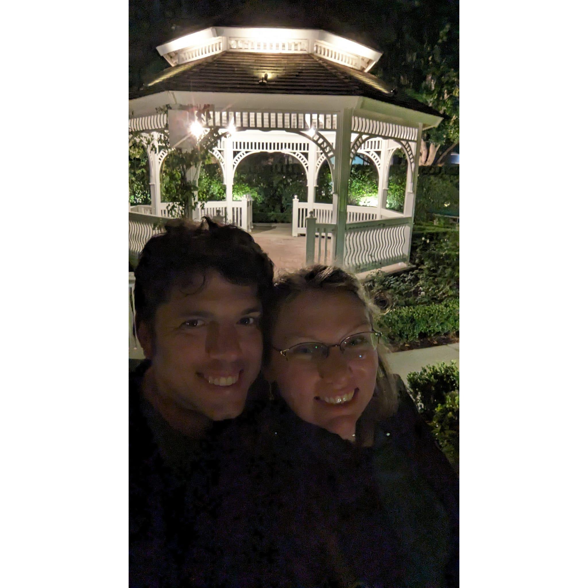 the gazebo in the Rose Garden outside of the Disneyland hotels, right after Will asked Megan to marry him :)