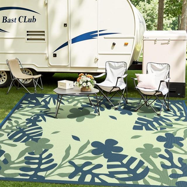 MontVoo Outdoor Rug Waterproof 6x9 ft RV Outdoor Rug for Camping Picnic Mat Outdoor Patio Rug Carpet Plastic Straw Reversible Floral Teal Blue Green