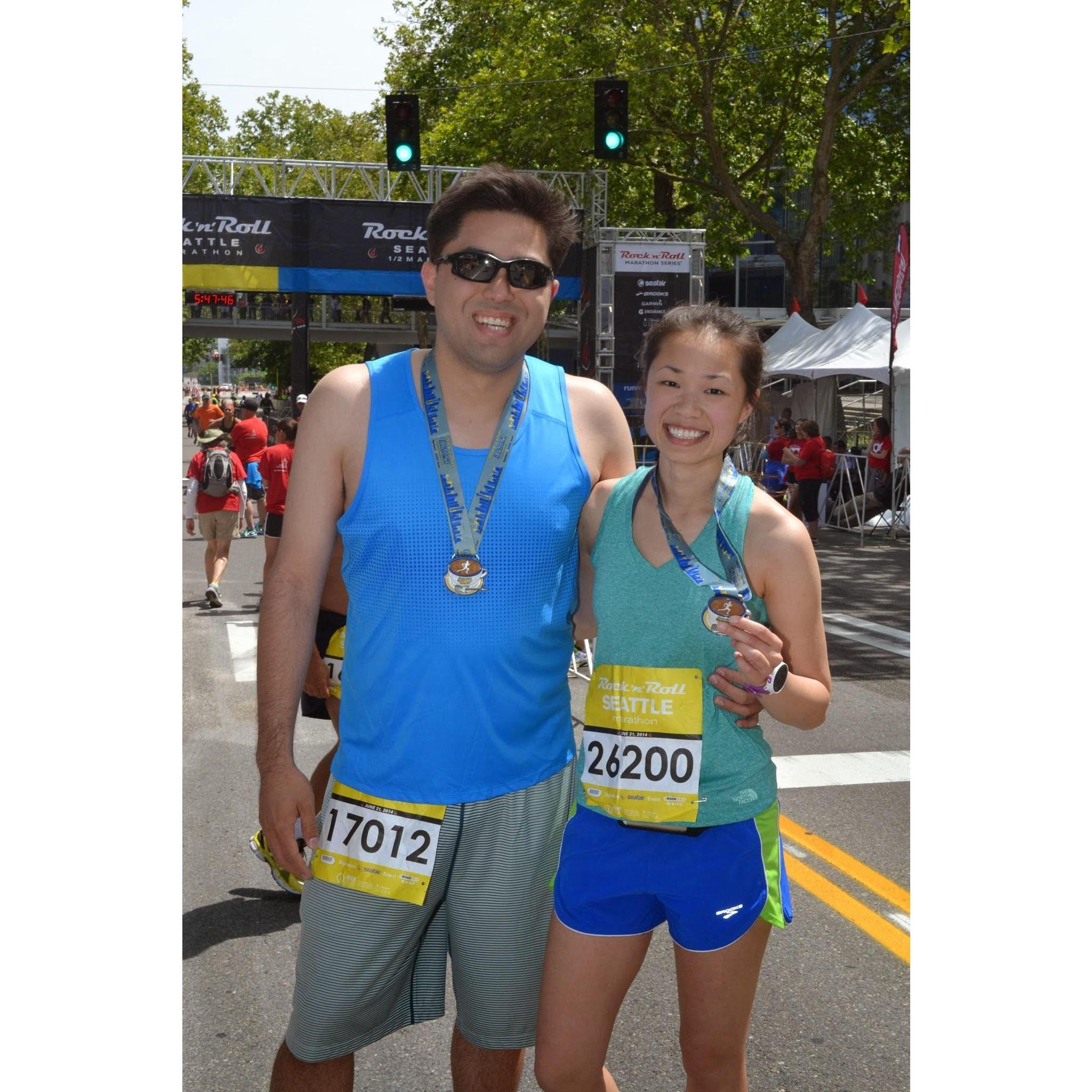 The first marathon we ran together at the 2014 Rock n Roll Seattle Marathon