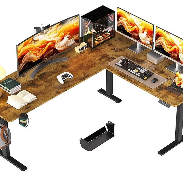 WALKINGDESK 75x61 Inches Reversible L Shaped Standing Desk Height Adjustable with Cup Holder, Electric Corner Computer Workstation for Home Office, Ergonomic Sit Stand up Gaming Desk, Rustic Brown