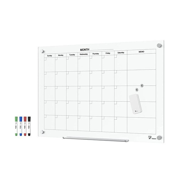TOWON Tempered Glass Calendar Dry Erase Board for Wall, 3' x 2' Magnetic Whiteboard Calendar Planner, Office, Home, School Supplies, White, 36 x 24 Inches