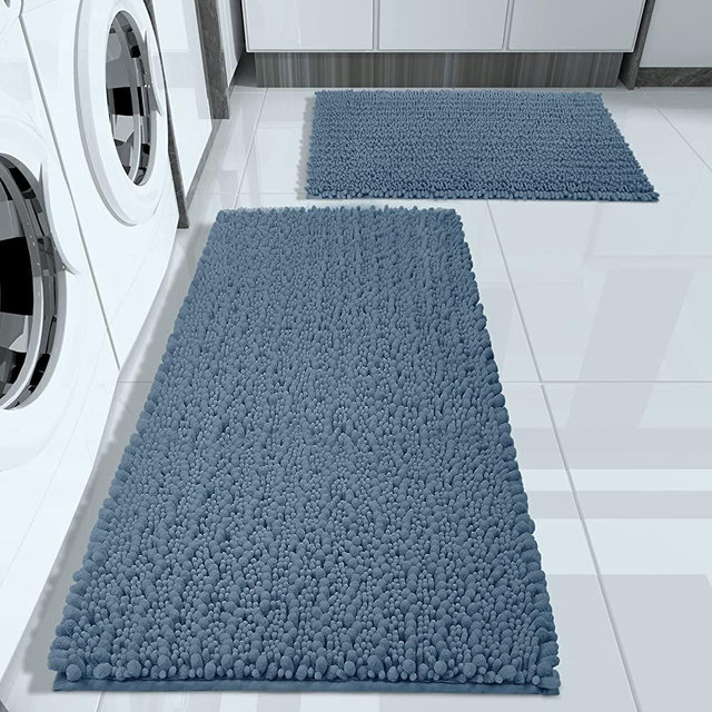 Yimobra Bathroom Rugs Sets 2 Piece, Thick Bathroom Rug Set, Absorbent Large Plush Mats, Extra Soft Shaggy Bath Room Floor Mat Set, Non Slip, Machine Washable, 24 x 17 + 31.5 x 19.8 Inches, Denim Blue