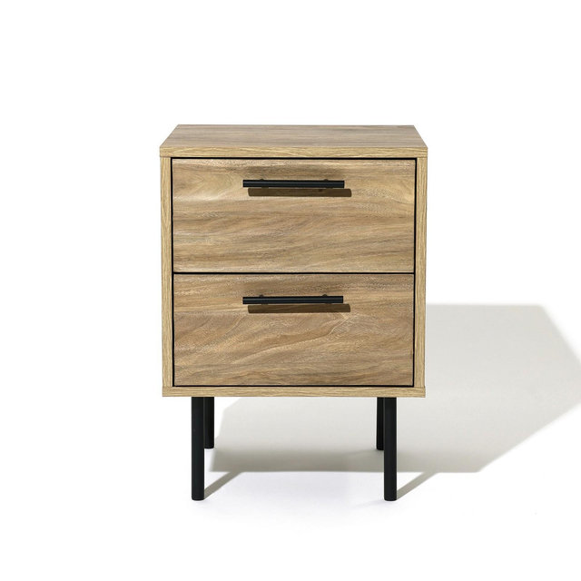 LuxenHome Mid-Century Modern Wave 2-Drawers End Table and Nightstand with Metal Legs Brown