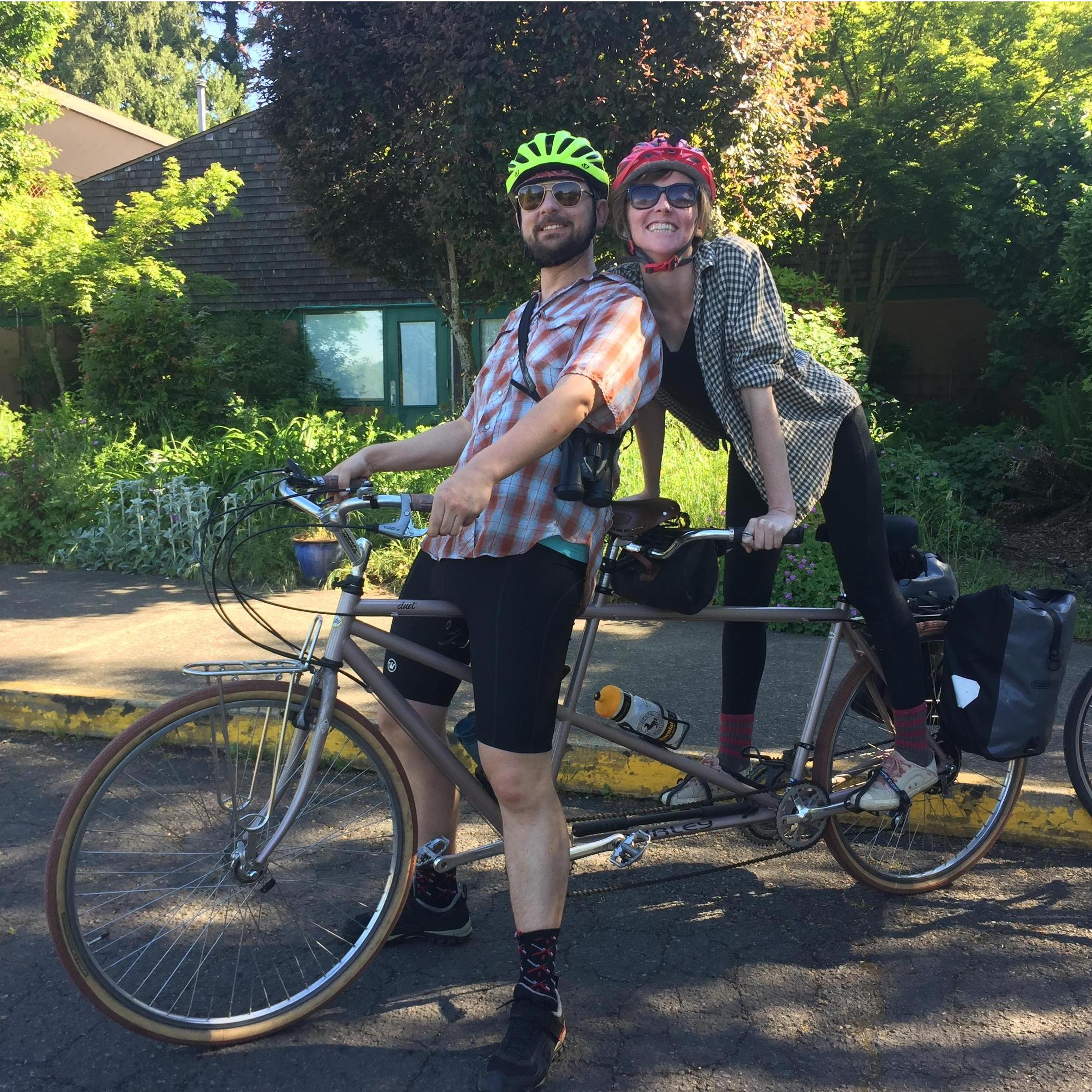 Devin & Shannon on their tandem - halfway through a bike-birding trip they took last summer.