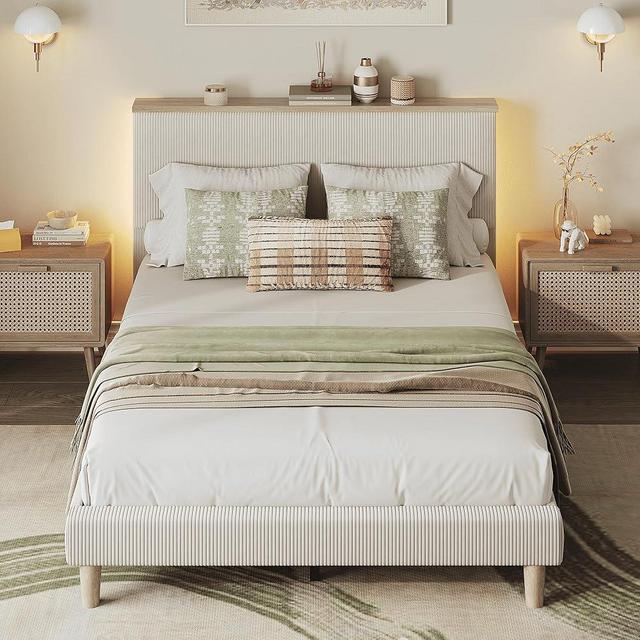Bestier Queen Corduroy Upholstered Bed Frame with Vertical Channel&Adjustable Headboard, LED Platform Bed with Storage Shelf, Solid Wood Leg&Slat Support, No Box Spring Needed, Never Squeaks, Beige