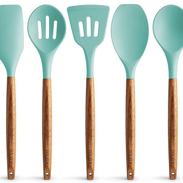 Zulay Non-Stick Silicone Utensils Set with Authentic Acacia Wood Handles - 5 Piece Silicone Cooking Utensils Set - Aqua