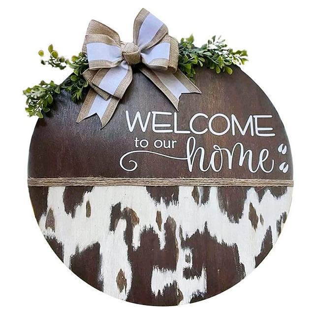 Jxueych Cow Print Door Hanger Farmhouse Decorations Wreath Welcome Wood Hanging Sign All Seasons for Front Door Porch Decor,12 inch (A)