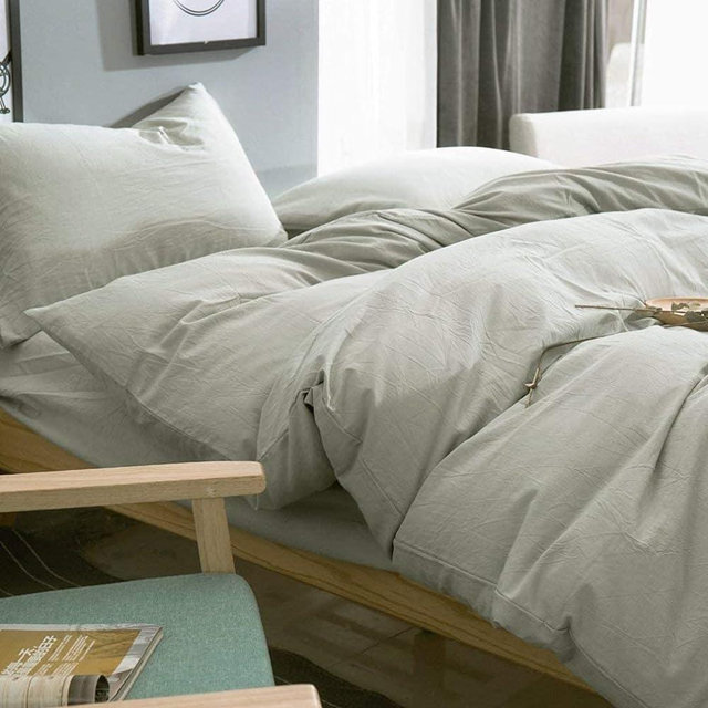 Eikei Washed Cotton Chambray Duvet Cover Solid Color Casual Modern Style Bedding Set Relaxed Soft Feel Natural Wrinkled Look 120x98 Palatial (Pale Sage, Super King)