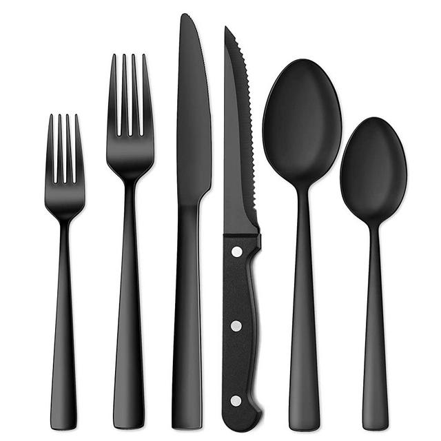Black Silverware Set with Steak Knives, Yoehka 24 pcs Stainless Steel Black Flatware Set for 4, Utensils Eating Tableware, Cutlery Set Include Fork Knife Spoon Set Mirror Finished, Dishwasher Safe