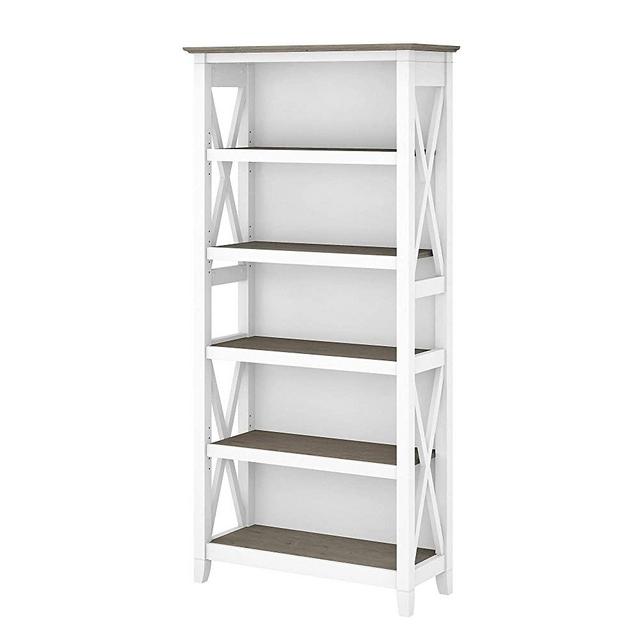 Bush Furniture Key West Tall 5 Shelf Bookcase in Pure White and Shiplap Gray
