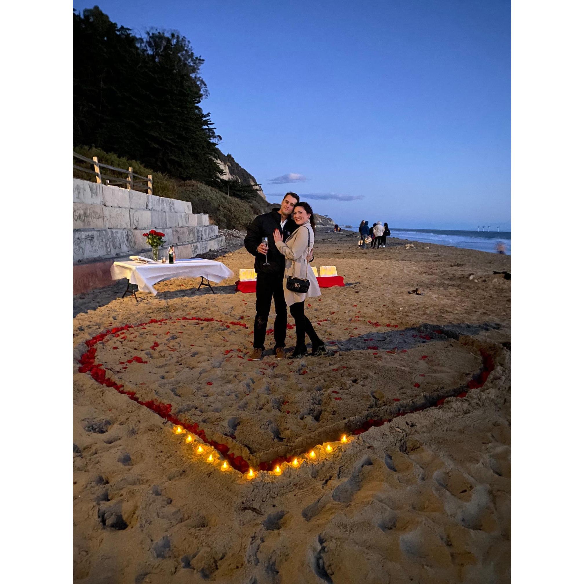 The engagement set up, sunset on the beach.