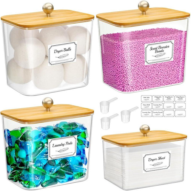 Lifewit 3+1 Large Laundry Pods Container& Dryer Sheet Holder with Lid, Plastic Detergent Dispenser, Laundry Room Organization Storage Jars for Washing Powder, Soap, Scent Booster Beads(0.7+0.53gal)