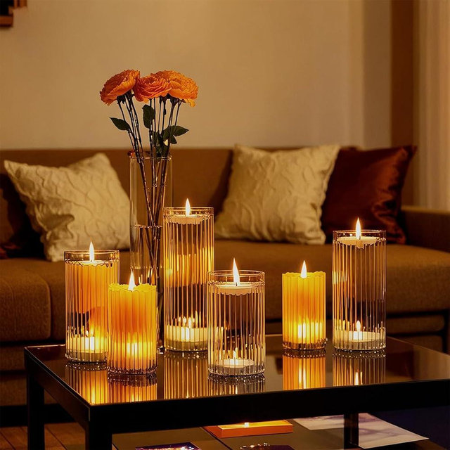 yshengood 6 Pcs Glass Hurricane Candle Holder Ribbed Glass Candle Holder - Elegant & Easy to Use, Perfect for Wedding, Holiday, Party Decor, Home and Event Essential