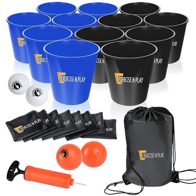 12pcs Giant Buckets and Balls Yard Pong Tossing Game Set with Carry Bag, Exercise N Play Tossing Game Set with Bean Bags for Family Friends Wedding Party Indoor Outdoor Beach