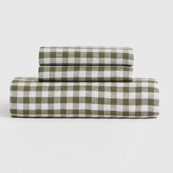 European Linen Gingham Fitted Sheet Set in Olive Green