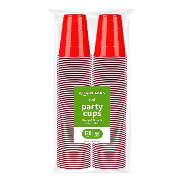 Amazon Basics Disposable Plastic Party Cups, Red, 18oz, 120 Count, Large Pack