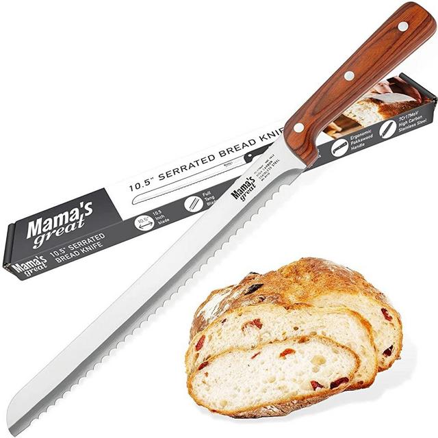 Serrated Bread Knife for Homemade Bread. Long 10.5 Inch Ultra Sharp Blade for Effortless Cuts of Thick Loaves. Professional Bread Cutter for Crusty Sourdough Bread. Works Well with Bread Slicer Guides