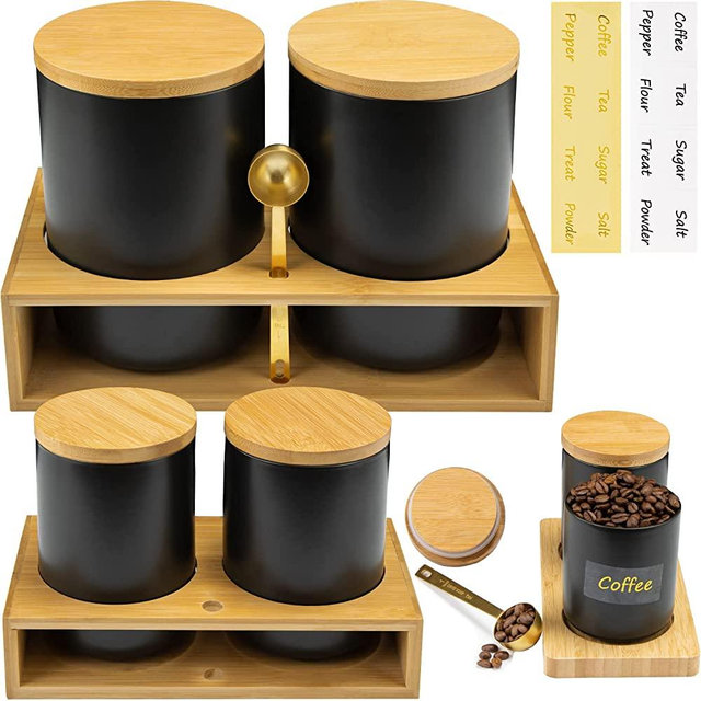 Yangbaga 6PCS Large Ceramic Canisters Sets for Kitchen,2483ml Flour Sugar Canisters Sets for the Kitchen with Spoons Coffee Food Storage with Shelf for Salt Sugar Tea 84-32-15 OZ Black