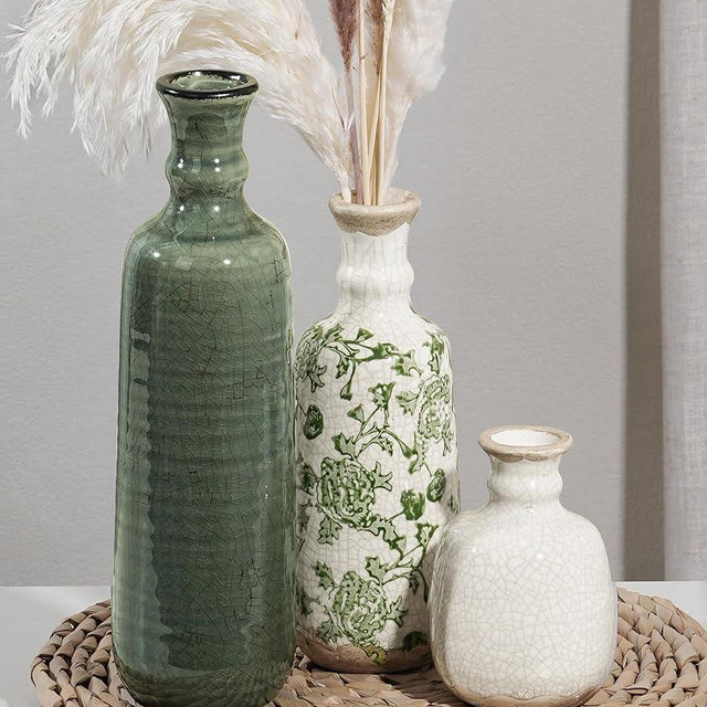 Ceramic Vase Set, 3Pcs Flower Vases for Modern Boho Farmhouse Decor, Decorative Vases for Pampas Grass & Dried Flowers, Distressed Finish