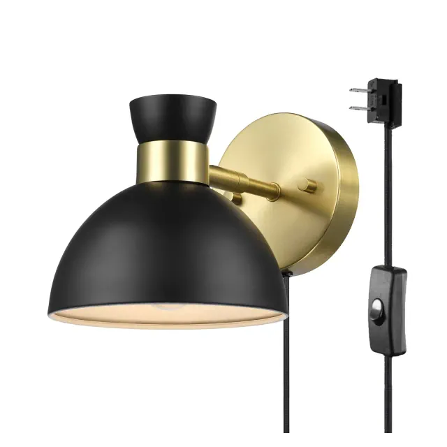 Globe Electric 1-Light Matte Brass Plug-In or Hardwire Wall Sconce with Black Metal Shade