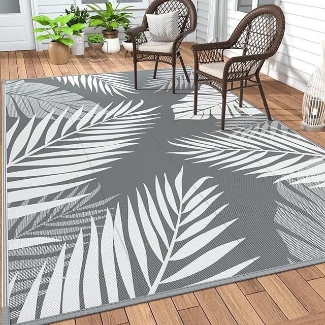 GENIMO Outdoor Rug 9' x 12' Waterproof for Patios Clearance, Reversible Outdoor Plastic Straw Camping Rug Carpet, Large Area Rugs Mats for RV, Picnic, Backyard, Deck, Balcony, Porch, Beach, Grey&White