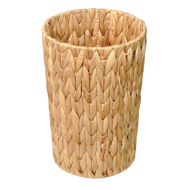 PINXIURY Trash Can, Boho Wicker Waste Basket, Natural Woven Trash Bin, Round Trash Cabinet, Tilt Out Trash Can Cabinet for Bathroom, Office, Bedroom, Water Hyacinth 2 Gallon