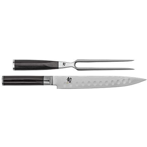 Shun Cutlery Classic 2-Piece Carving Set; Includes 9-Inch Hollow-Ground Slicing Knife and Carving Fork; Narrow Blade, Cleaner Cuts, Easily Hold Food in Place, Hand-Sharpened; Beautiful Gift-Boxed Set